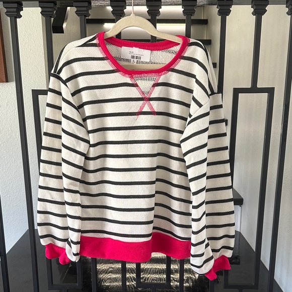 Good Girl Other - Striped Crewneck Sweater - White & Black with Pink Trim